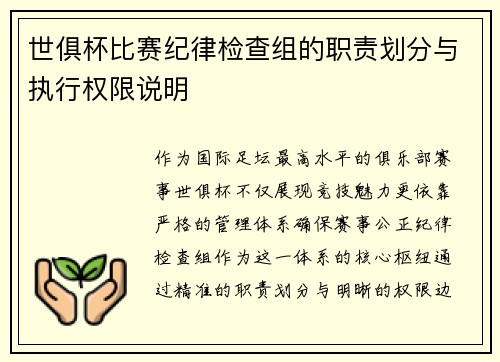 世俱杯比赛纪律检查组的职责划分与执行权限说明