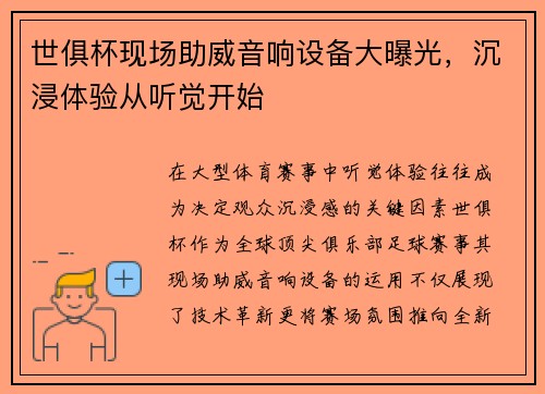 世俱杯现场助威音响设备大曝光，沉浸体验从听觉开始